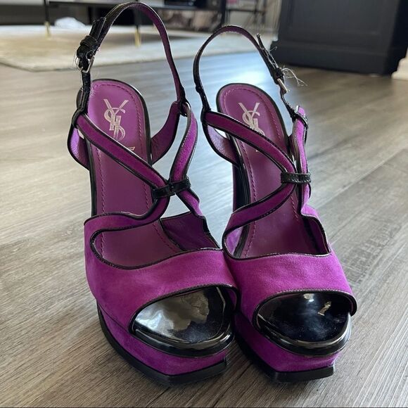 YSL Fuchsia Suede Sandals - Picture 1 of 6